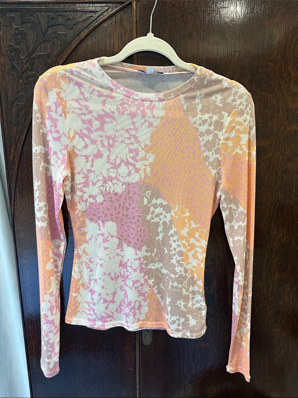AFRM Pink & Peach Floral Long-Sleeve Mesh Top